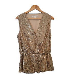 BOSTON Proper Gold Sequin Peplum Evening Top, V Neck size Medium